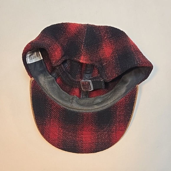 VTG Wool Leather Brim Plaid Hat Strapback Cap Red Black Brown Adjustable Smaller - Picture 8 of 10